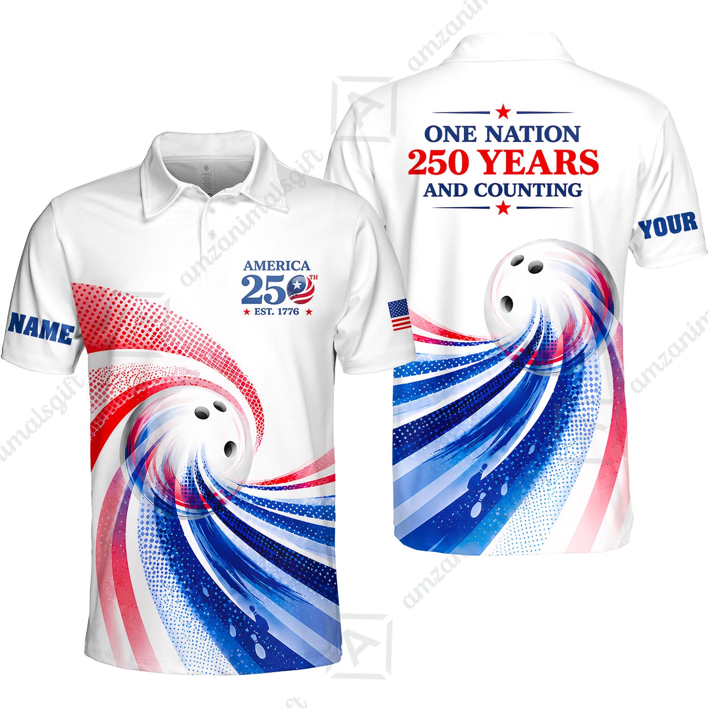 Custom Bowling Jersey Polo Shirt, One Nation 250 Years And Counting, Personalize Name and Team Name