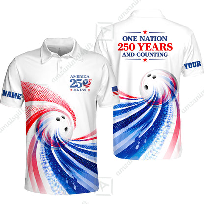Custom Bowling Jersey Polo Shirt, One Nation 250 Years And Counting, Personalize Name and Team Name