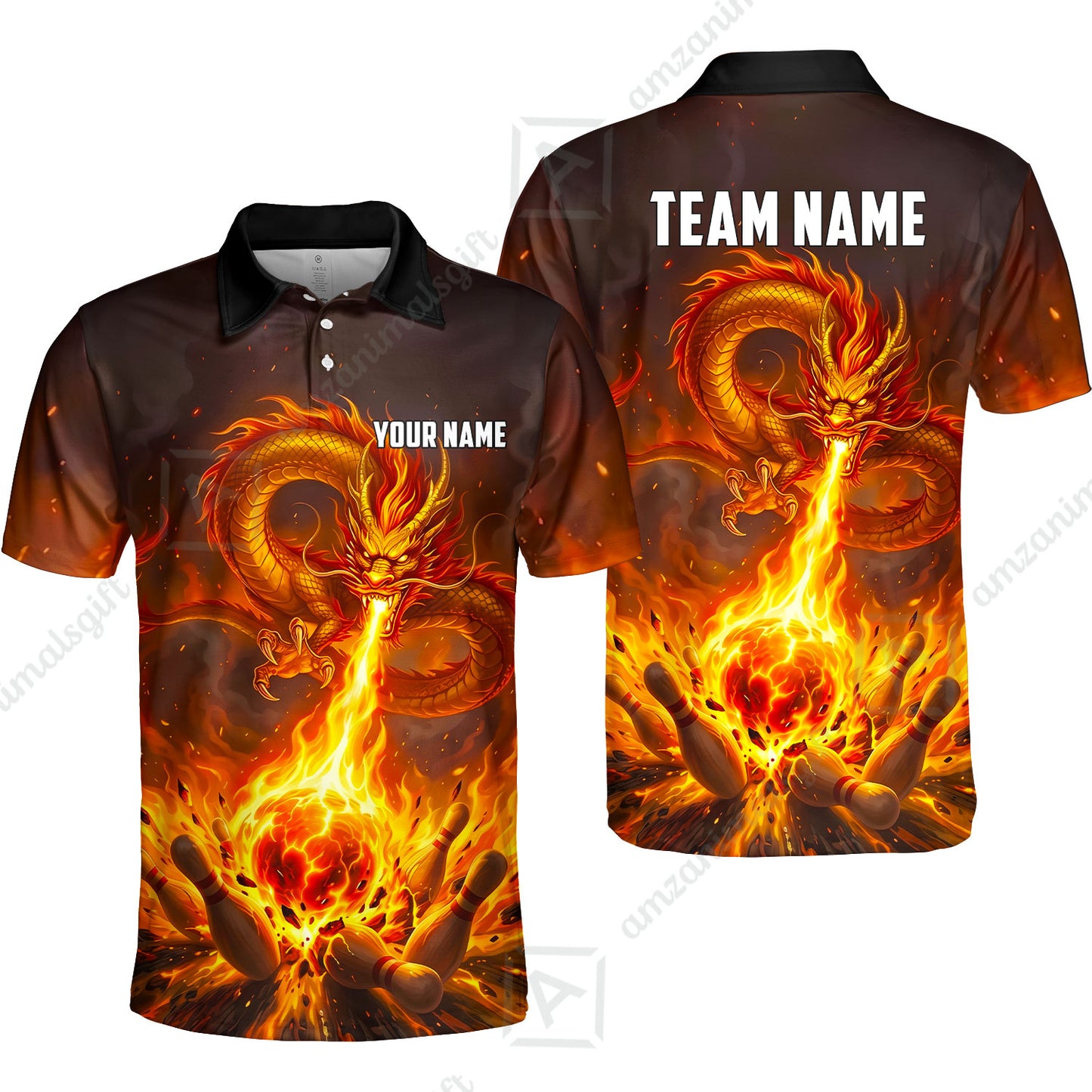 Custom Bowling Jersey Polo Shirt, Asian Dragon's Fire Strike, Custom Bowling Jersey Team Shirt For Players With Name & Team Name