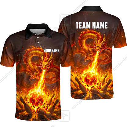 Custom Bowling Jersey Polo Shirt, Asian Dragon's Fire Strike, Custom Bowling Jersey Team Shirt For Players With Name & Team Name