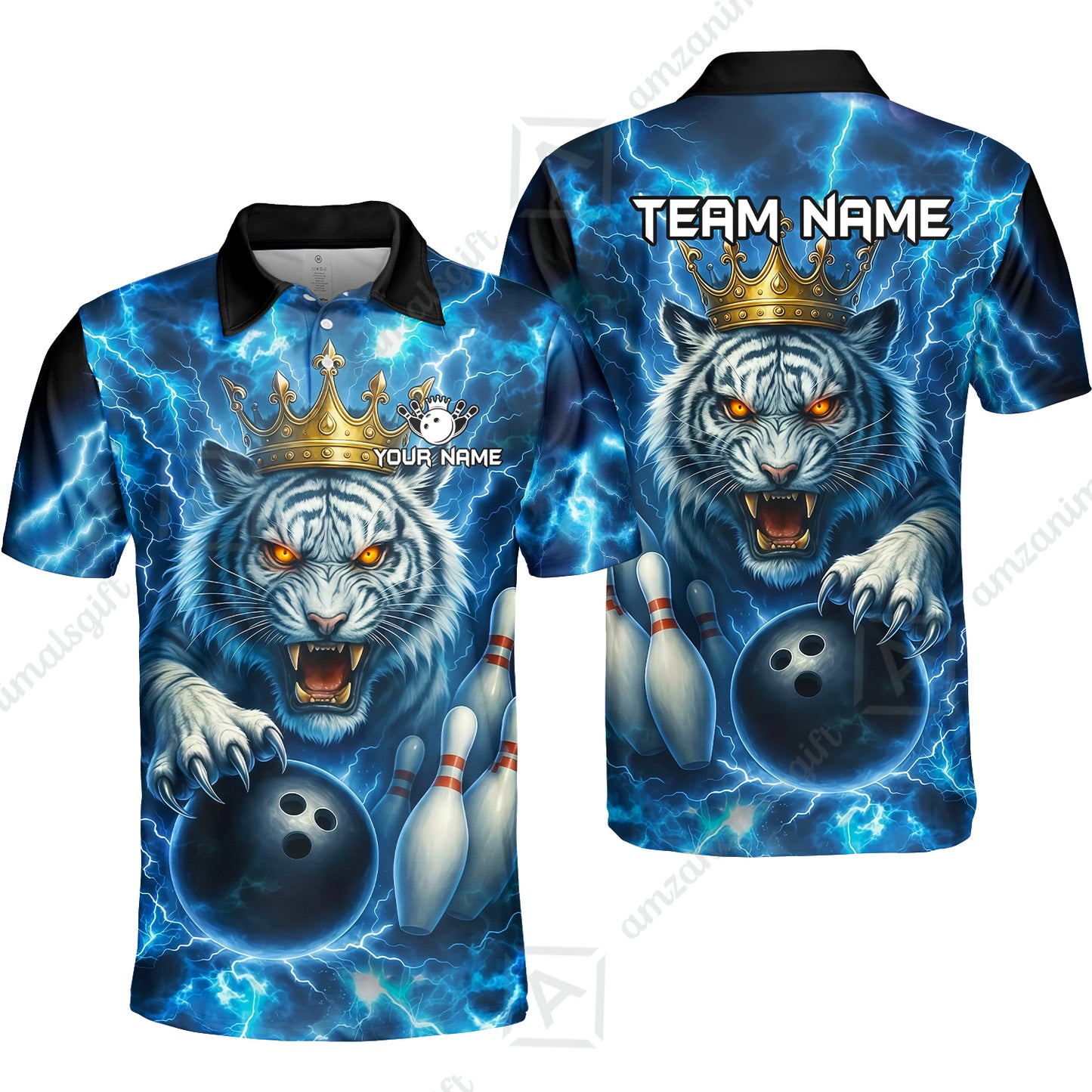 Custom Bowling Team Quarter-Zip Polo Shirt, Bowling White Tiger Lighting Shirt, Personalized Team Shirt with Custom Name