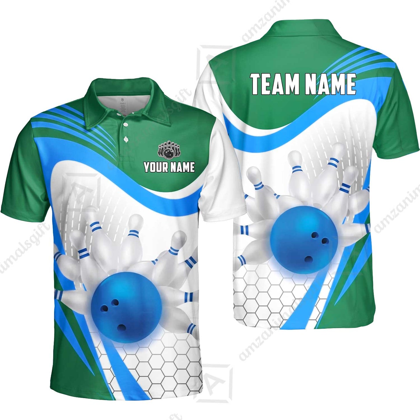 Custom Bowling Jersey Polo Shirt, Geometric Streamline & Fresh Mint, Custom Bowling Jersey Team Shirt For Players With Name & Team Name