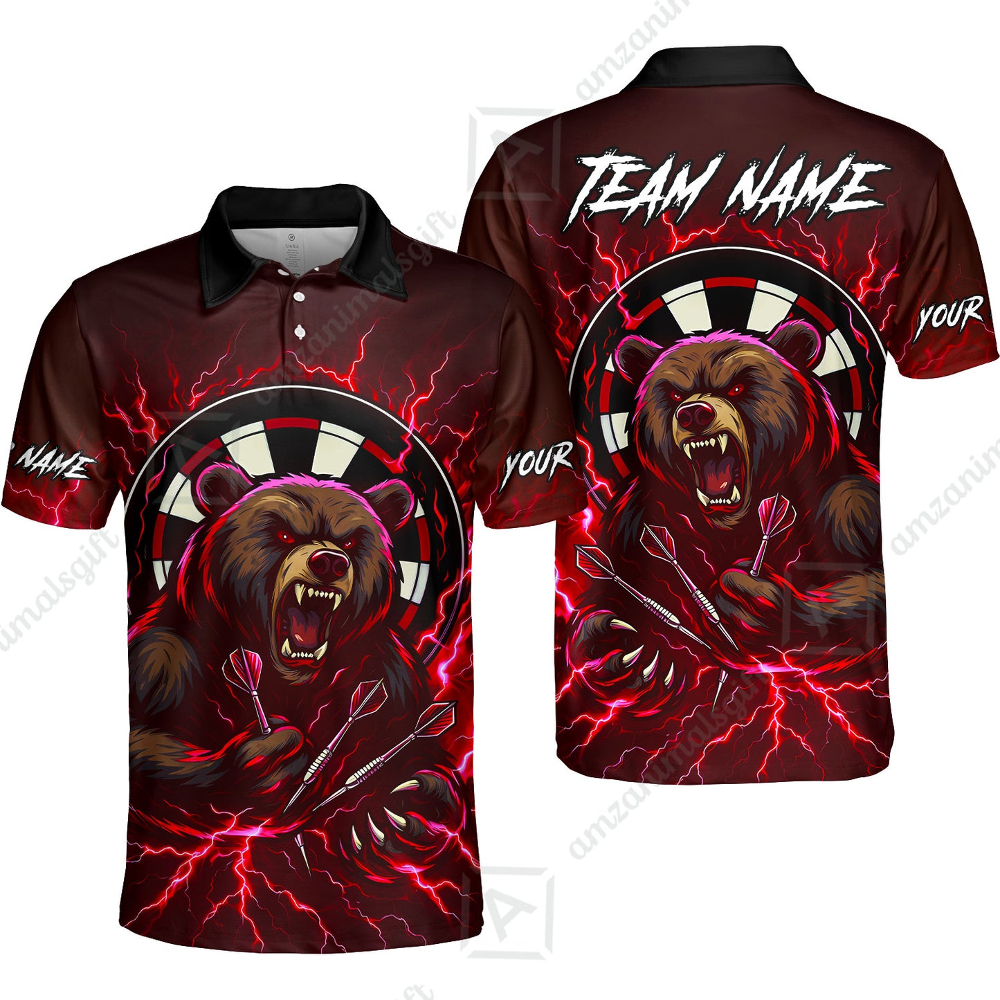 Custom Darts Team Long Sleeve Polo Shirt, Personalized Bear Thunder Lightning Darts Shirt with Name & Team Name