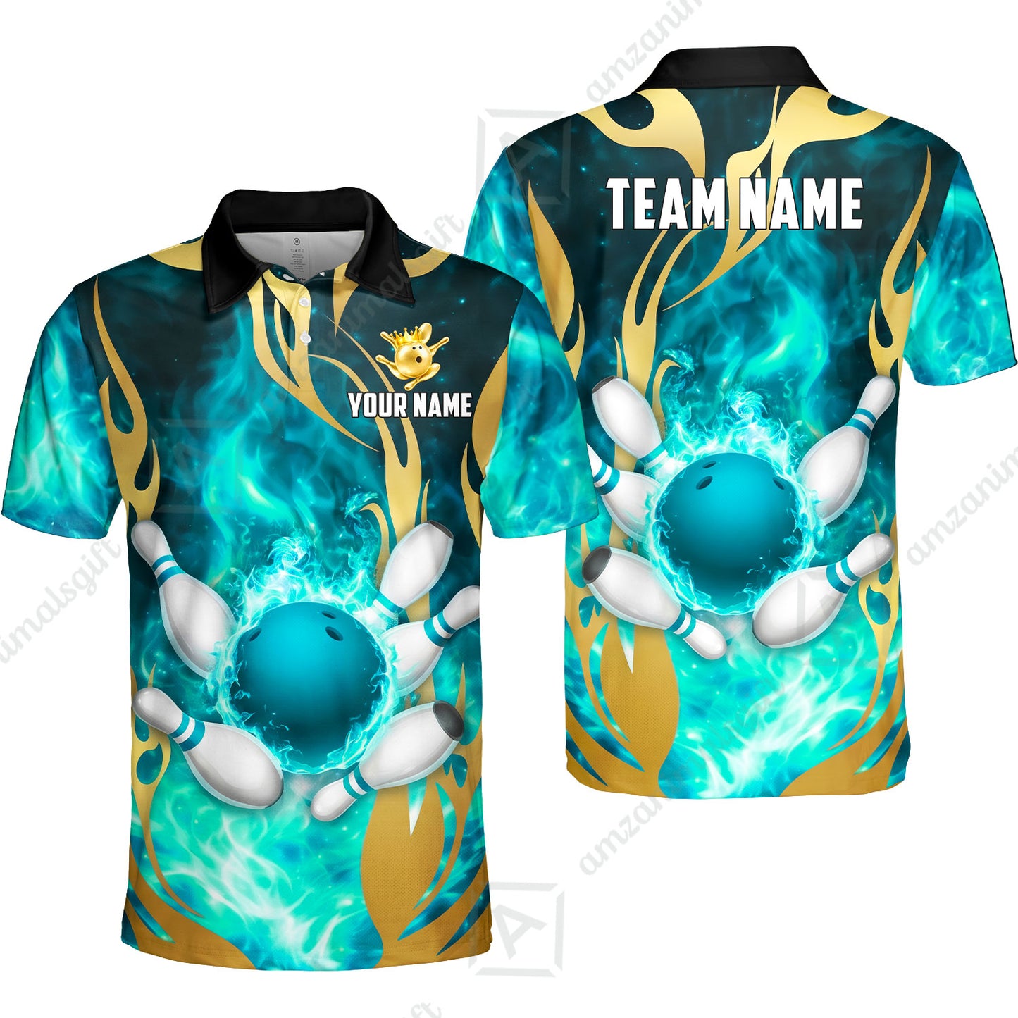 Custom Bowling Jersey Polo Shirt, Abyssal Fire & Golden Flames, Custom Bowling Jersey Team Shirt For Players With Name & Team Name