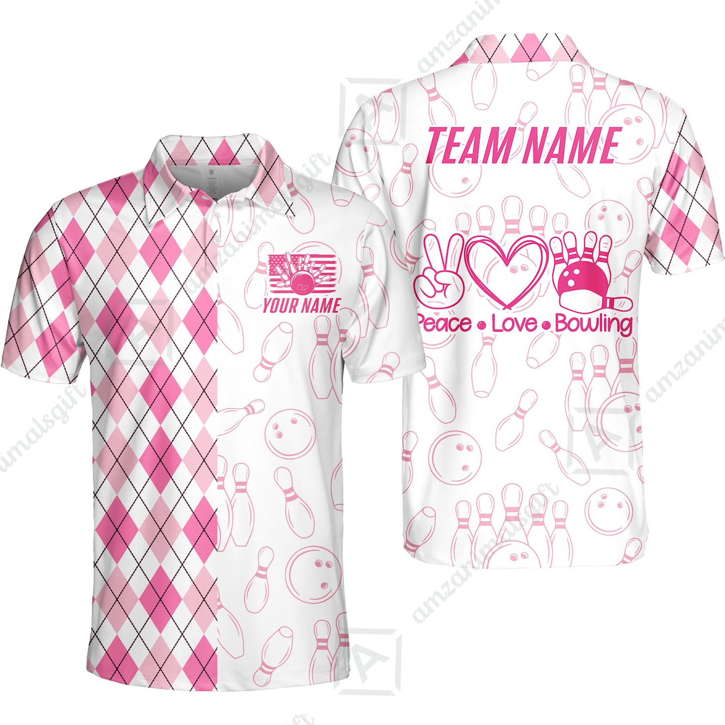 Custom Women Polo Shirt, Argyle Bowling Peace Love, Custom Bowling Women Polo Team Shirt For Players With Name & Team Name