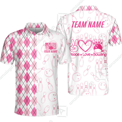 Custom Women Polo Shirt, Argyle Bowling Peace Love, Custom Bowling Women Polo Team Shirt For Players With Name & Team Name