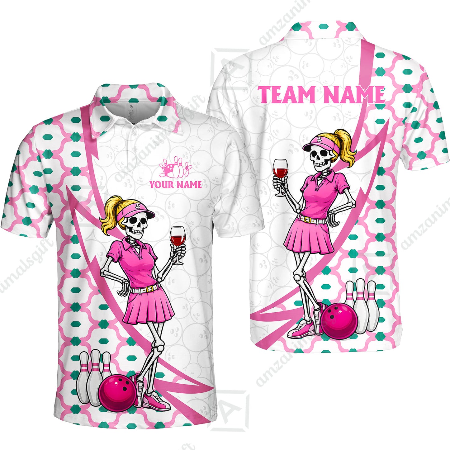 Custom Bowling Jersey Polo Shirt, Pink Skeleton Bowling, Personalize Name and Team Name