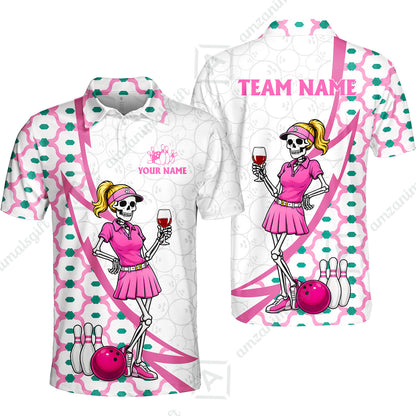 Custom Bowling Jersey Polo Shirt, Pink Skeleton Bowling, Personalize Name and Team Name