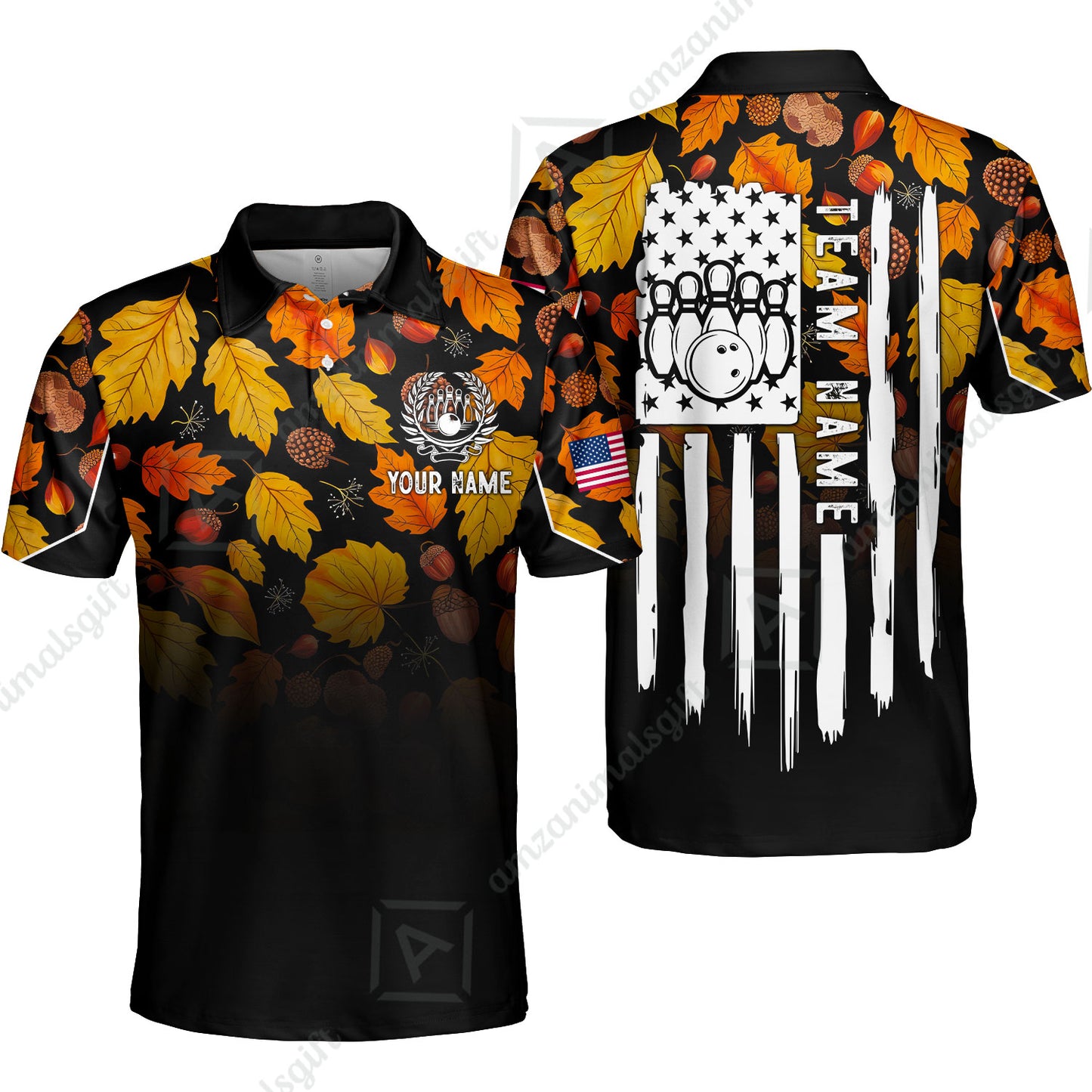 Custom Bowling Jersey Polo Shirt, Autumn Leaves Patriotic Vertical Flag, Custom Bowling Jersey Team Shirt For Players With Name and Team Name
