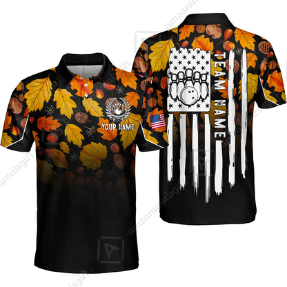 Custom Bowling Jersey Polo Shirt, Autumn Leaves Patriotic Vertical Flag, Custom Bowling Jersey Team Shirt For Players With Name and Team Name