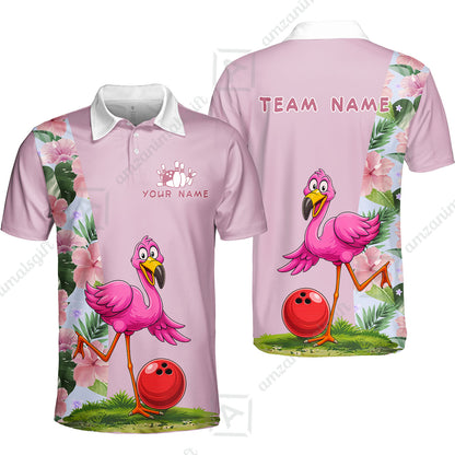 Custom Bowling Jersey Polo Shirt, Tropical Pink Flamingo Floral, Custom Bowling Jersey Team Shirt For Players With Name and Team Name