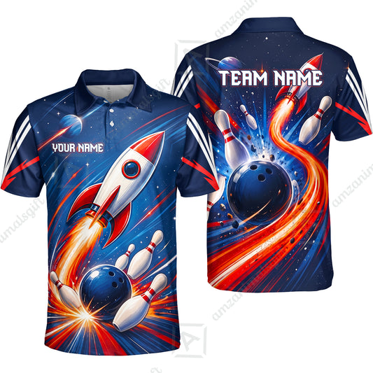 Custom Bowling Jersey Polo Shirt, Bowling Strike Rocket, Custom Bowling Jersey Team Shirt For Players With Name and Team Name