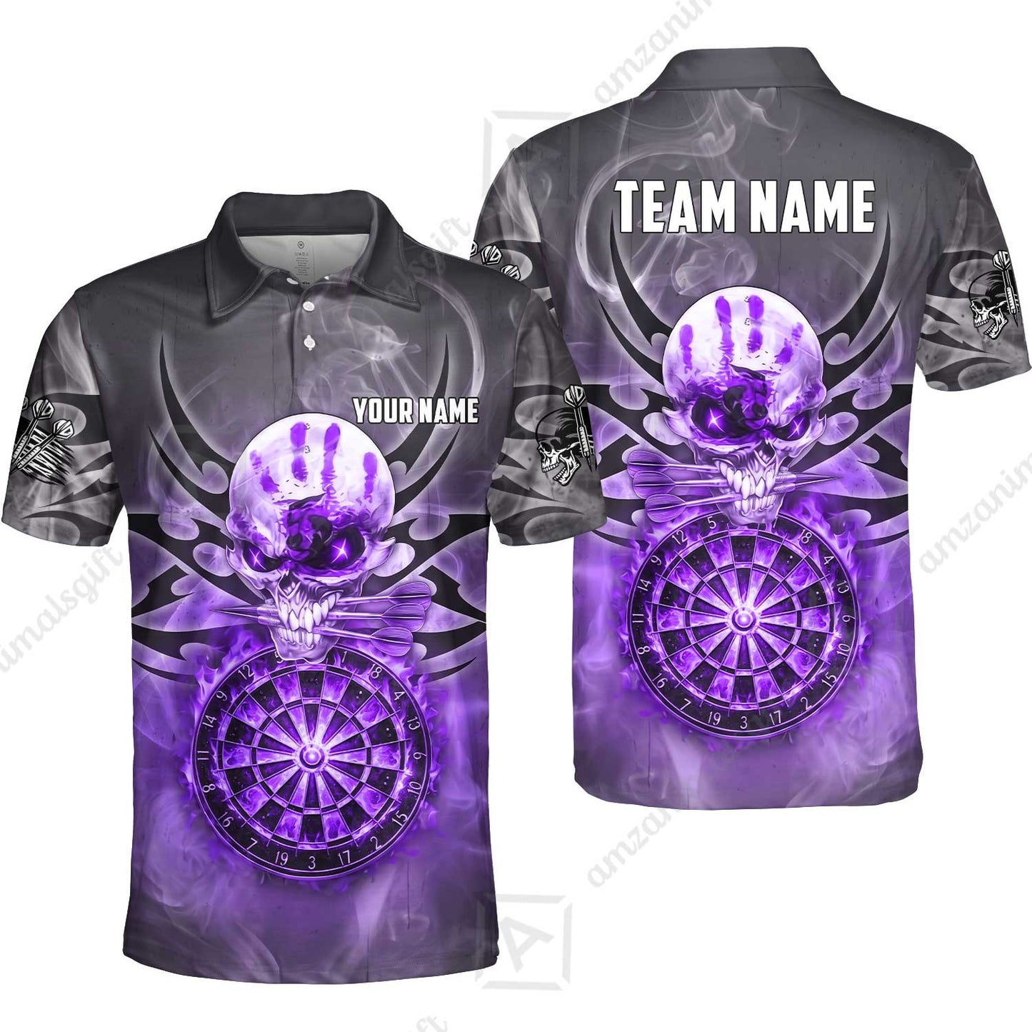 Custom Darts Jersey Polo Shirt, Glowing Fire Skull Tribal, Custom Dart Jersey Team Shirt For Players With Name & Team Name