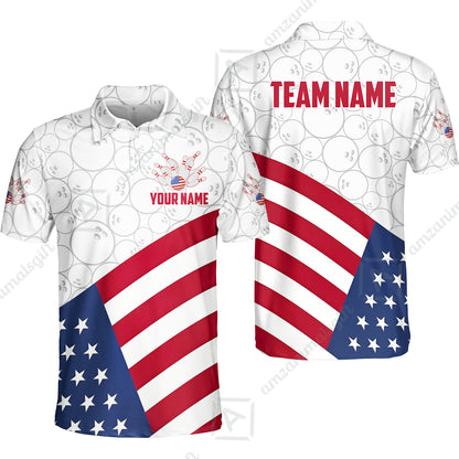 Custom Bowling Jersey Polo Shirt, Classic US Flag Diagonal Stars and Stripes, Custom Bowling Jersey Team Shirt For Players With Name and Team Name