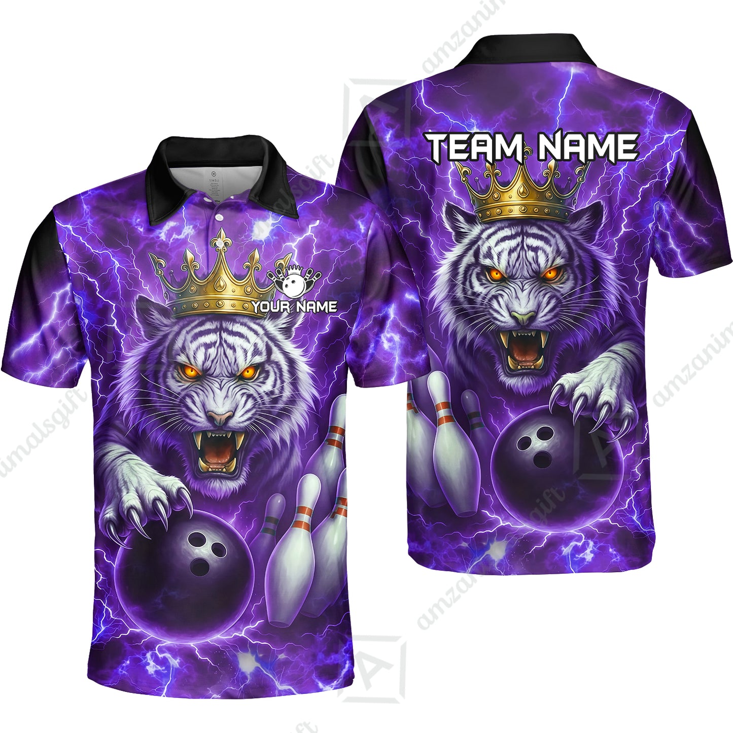 Custom Bowling Team Quarter-Zip Polo Shirt, Bowling White Tiger Lighting Shirt, Personalized Team Shirt with Custom Name