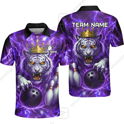 Custom Bowling Team Quarter-Zip Polo Shirt, Bowling White Tiger Lighting Shirt, Personalized Team Shirt with Custom Name