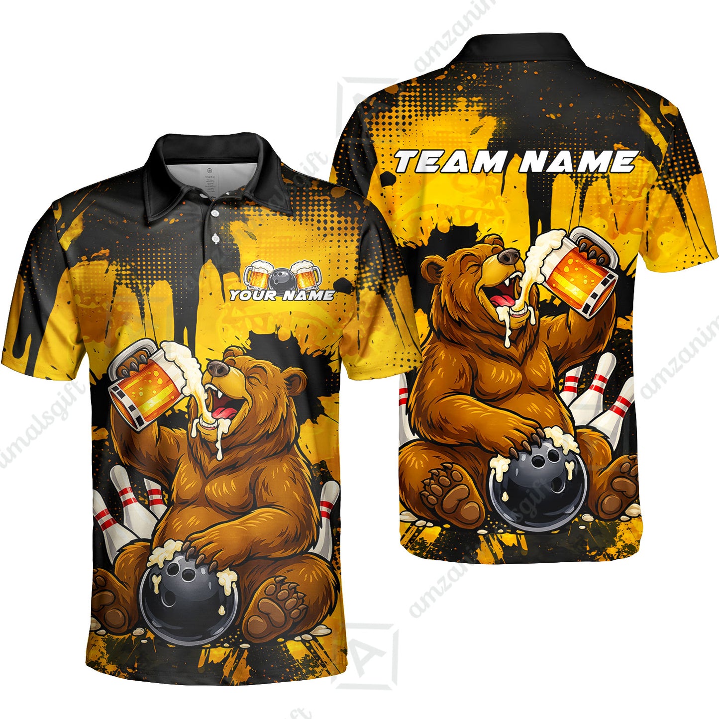 Custom Bowling Jersey Polo Shirt, Grizzly Bear Bowling Custom Bowling Jersey Team Shirt For Players With Name & Team Name