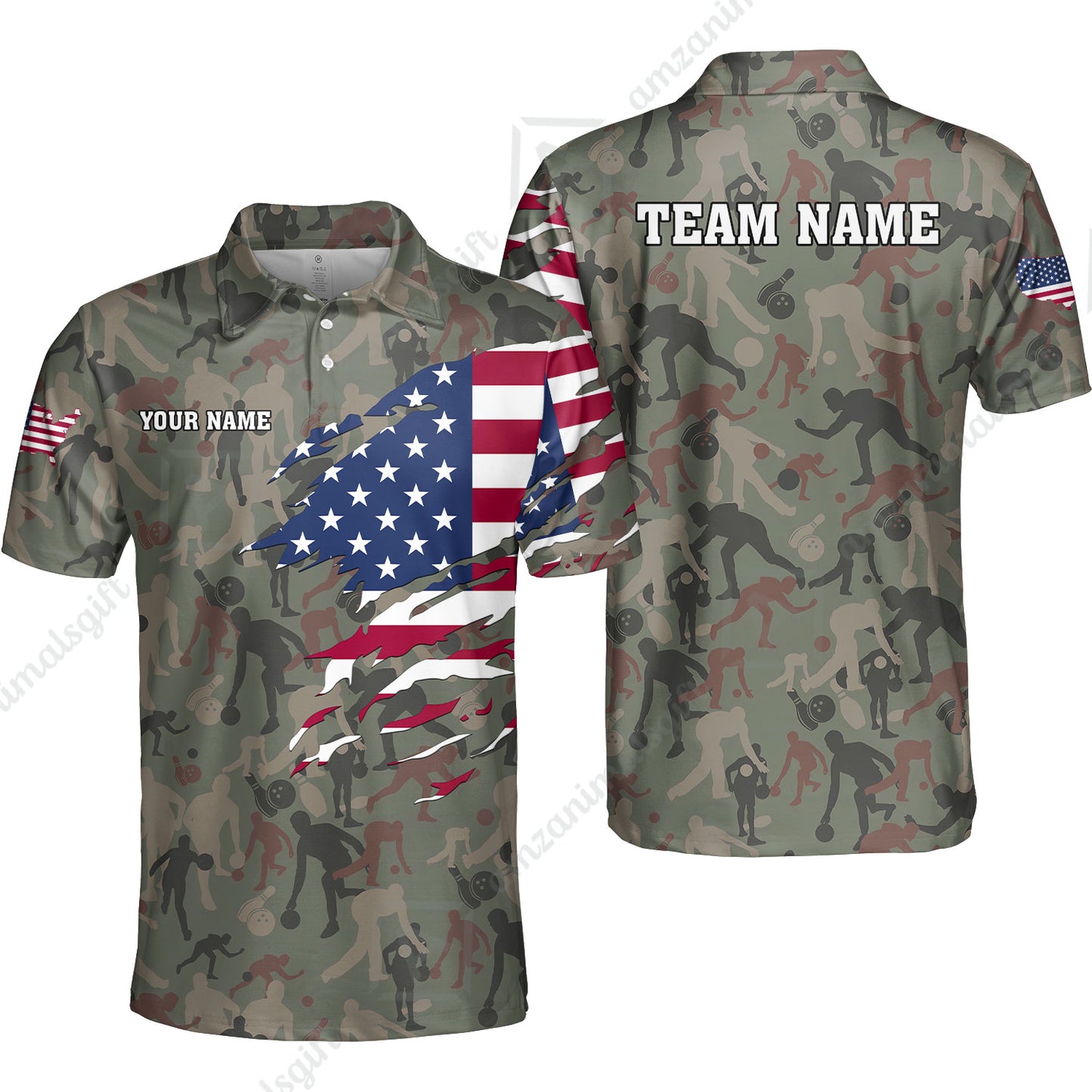 Custom Bowling Jersey Polo Shirt, American Flag Woodland Green Camouflage, Custom Bowling Jersey Team Shirt For Players With Name and Team Name