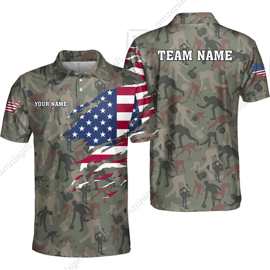 Custom Bowling Jersey Polo Shirt, American Flag Woodland Green Camouflage, Custom Bowling Jersey Team Shirt For Players With Name and Team Name