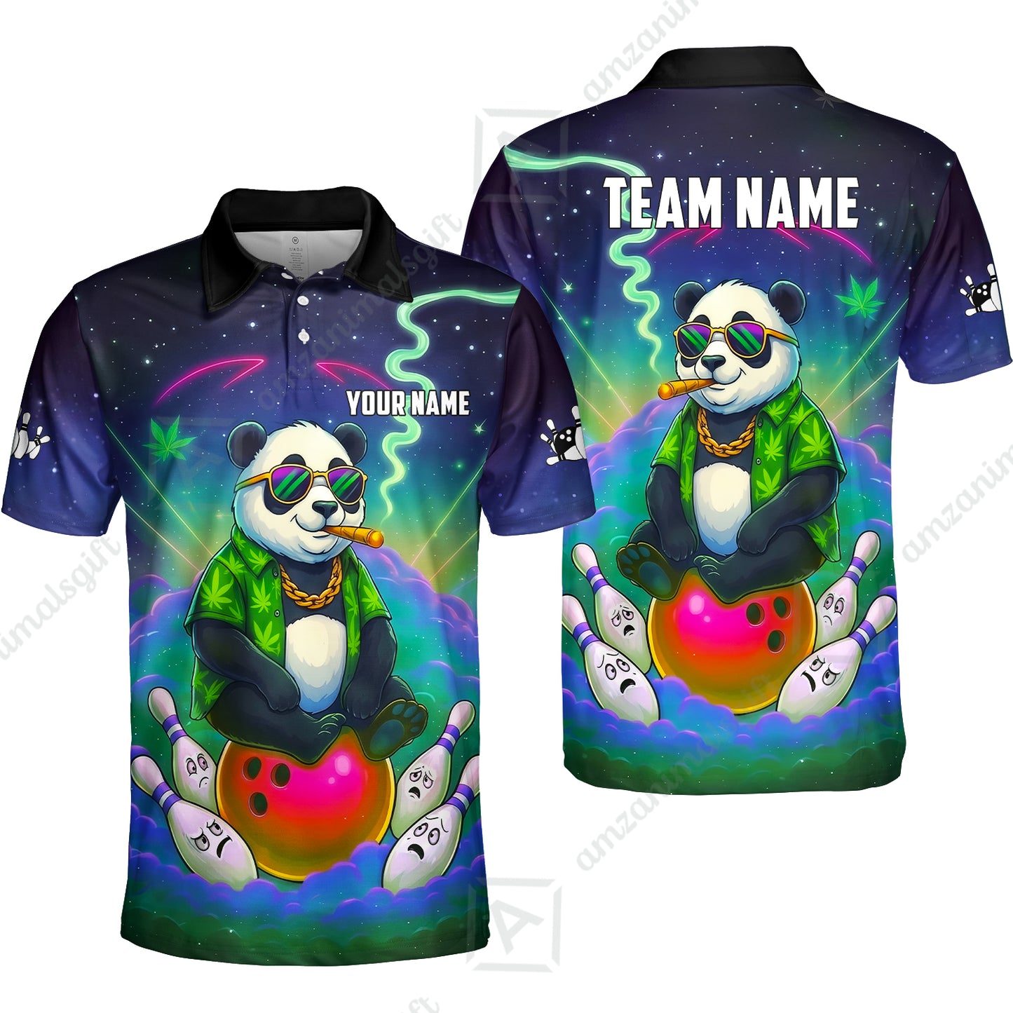 Custom Bowling Jersey Polo Shirt, Chill Panda & Cosmic Vibe, Custom Bowling Jersey Team Shirt For Players With Name & Team Name