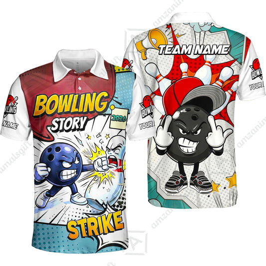 Customized Bowling Team Shirt, Comic Bowling Story Strike Cartoon, Bowling Uniforms, Personalized Name And Team Name