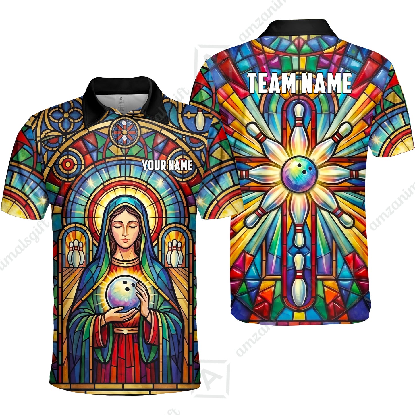 Custom Bowling Jersey Polo Shirt, Stained Glass Sacred Strike, Custom Bowling Jersey Team Shirt For Players With Name & Team Name