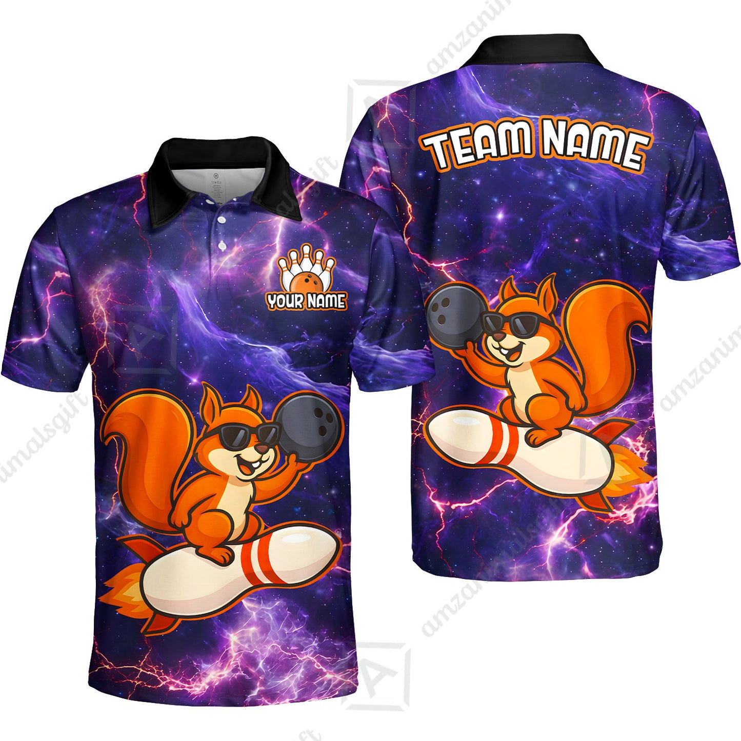 Funny Bowling Custom Polo T-Shirt - Fun Cartoon Purple Galaxy With Lightning Squirrel Wearing Sunglasses, Personalized Bowling Jersey Polo Shirts