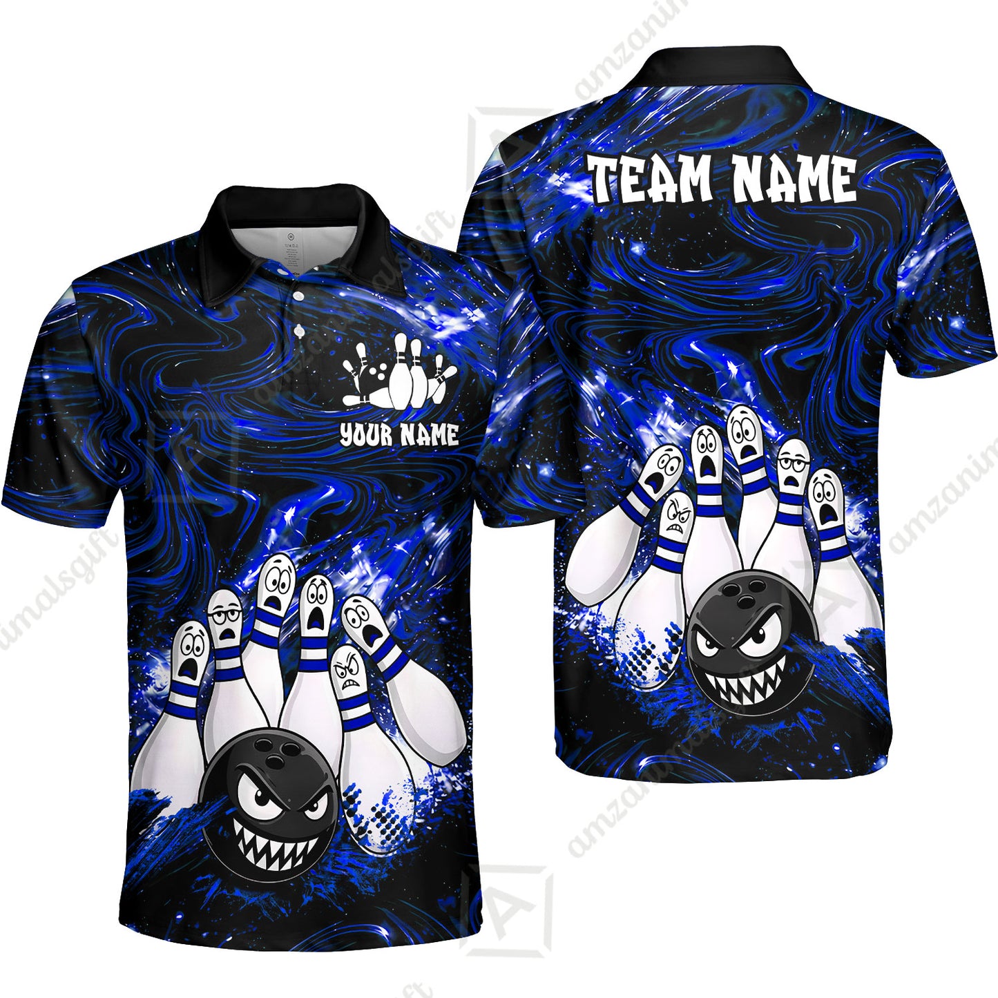 Customized Bowling Unisex Polo Shirt, Bowling Angry Ball VS Screaming Pins, Personalized Name And Team Name