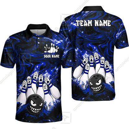 Customized Bowling Unisex Polo Shirt, Bowling Angry Ball VS Screaming Pins, Personalized Name And Team Name