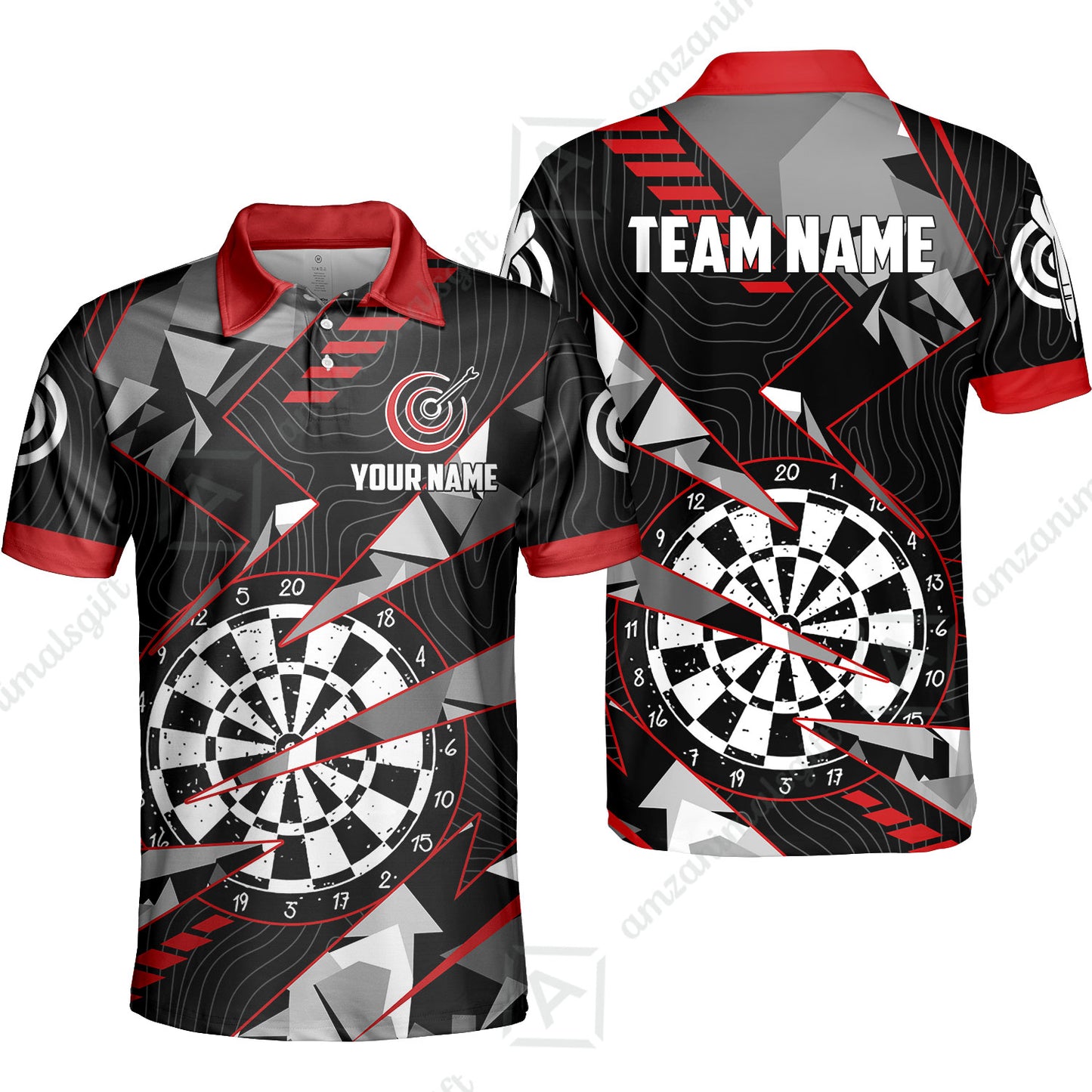 Custom Darts Team Jersey Unisex Polo Shirts, Custom Black Red Grunge Darts Team Jerseys Uniform, Personalized Name And Team Name