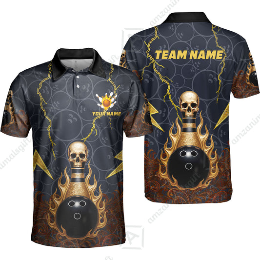 Custom Bowling Team Unisex Polo Shirt, Thunder Skull Strike Personalized Team Shirt, Custom Name and Team Name for Bowlers