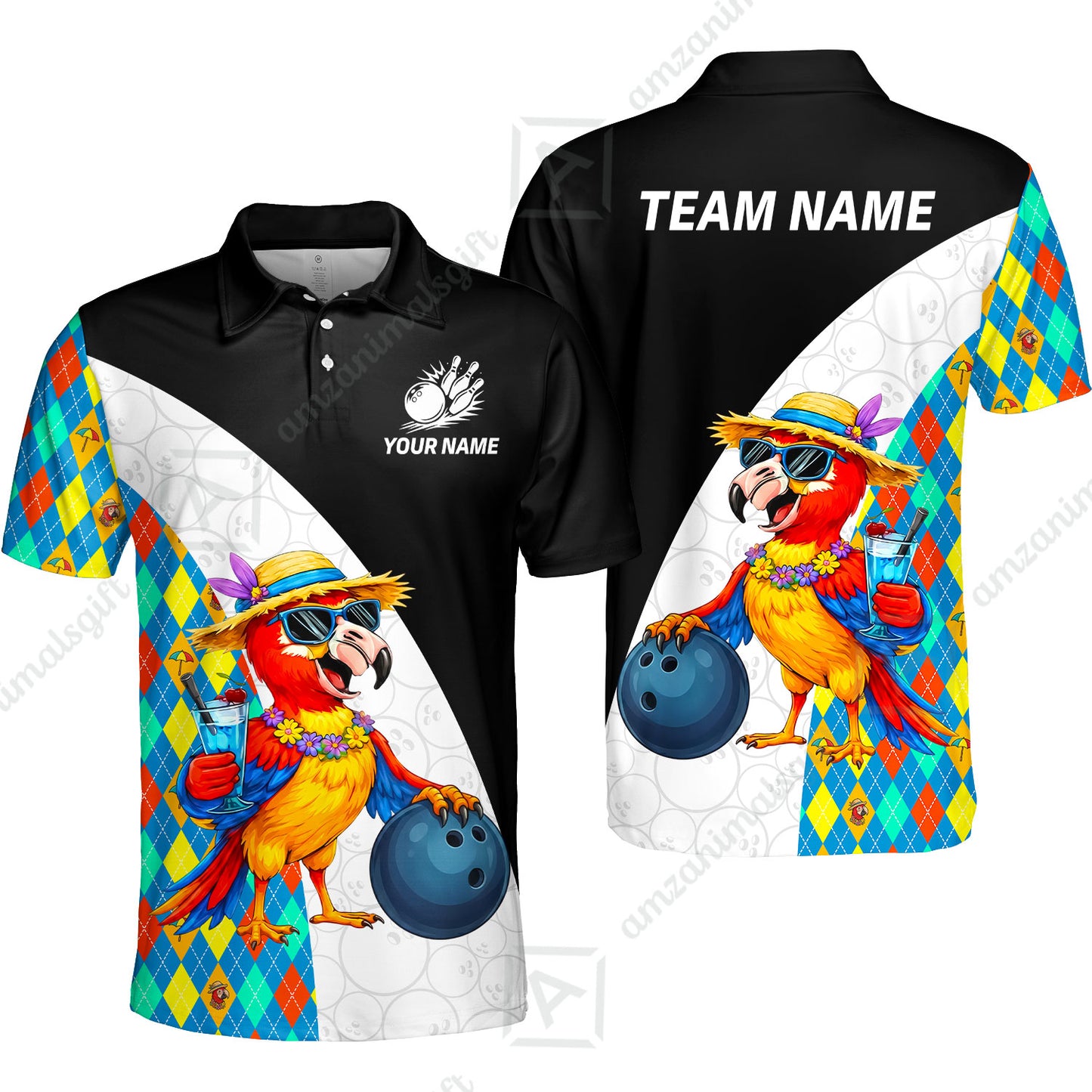 Custom Bowling Jersey Polo Shirt, Tropical Parrot Beach Party, Custom Bowling Jersey Team Shirt For Players With Name and Team Name