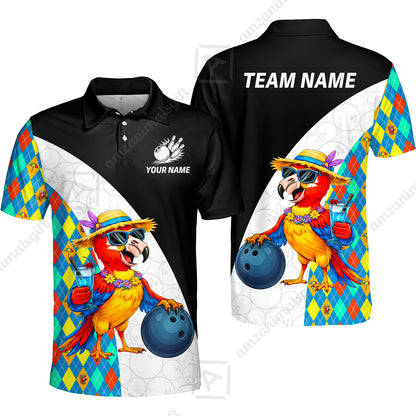 Custom Bowling Jersey Polo Shirt, Tropical Parrot Beach Party, Custom Bowling Jersey Team Shirt For Players With Name and Team Name