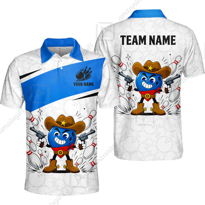 Custom Bowling Jersey Polo Shirt, Retro Cartoon Cowboy Ball, Custom Bowling Jersey Team Shirt For Players With Name and Team Name