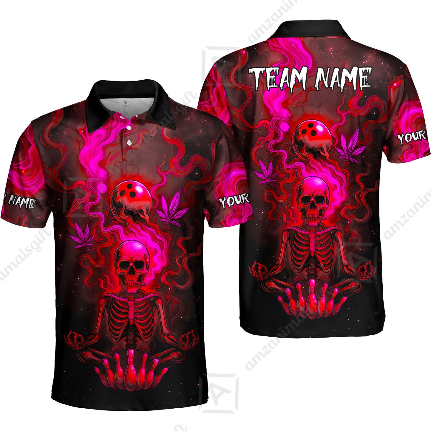 Custom Bowling Team Unisex Polo Shirt, Neon Skull CNB Bowling Custom Shirt Featuring Personalized Name and Team Name