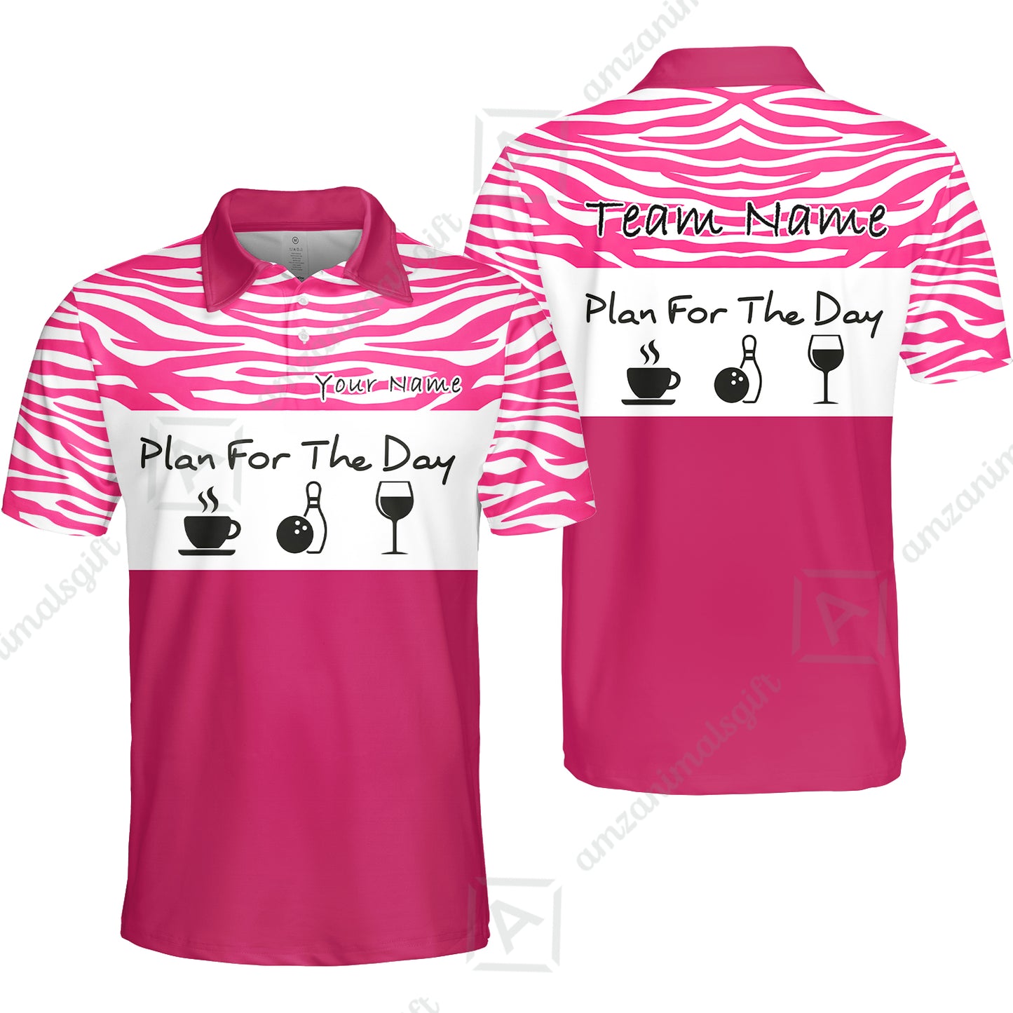 Custom Bowling Jersey Polo Shirt, Pink Zebra Pattern Bowling, Custom Bowling Jersey Team Shirt For Players With Name & Team Name