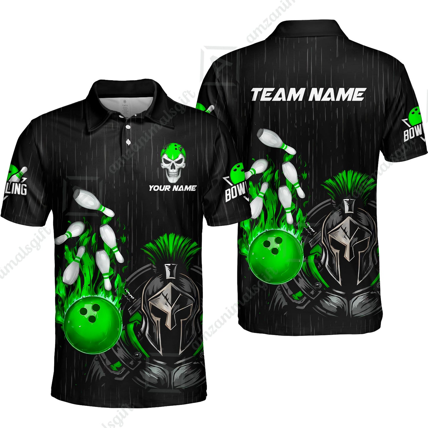 Custom Bowling Jersey Polo Shirt, Fire Bowling Knight Rain Skull Logo, Personalize Name & Team Name