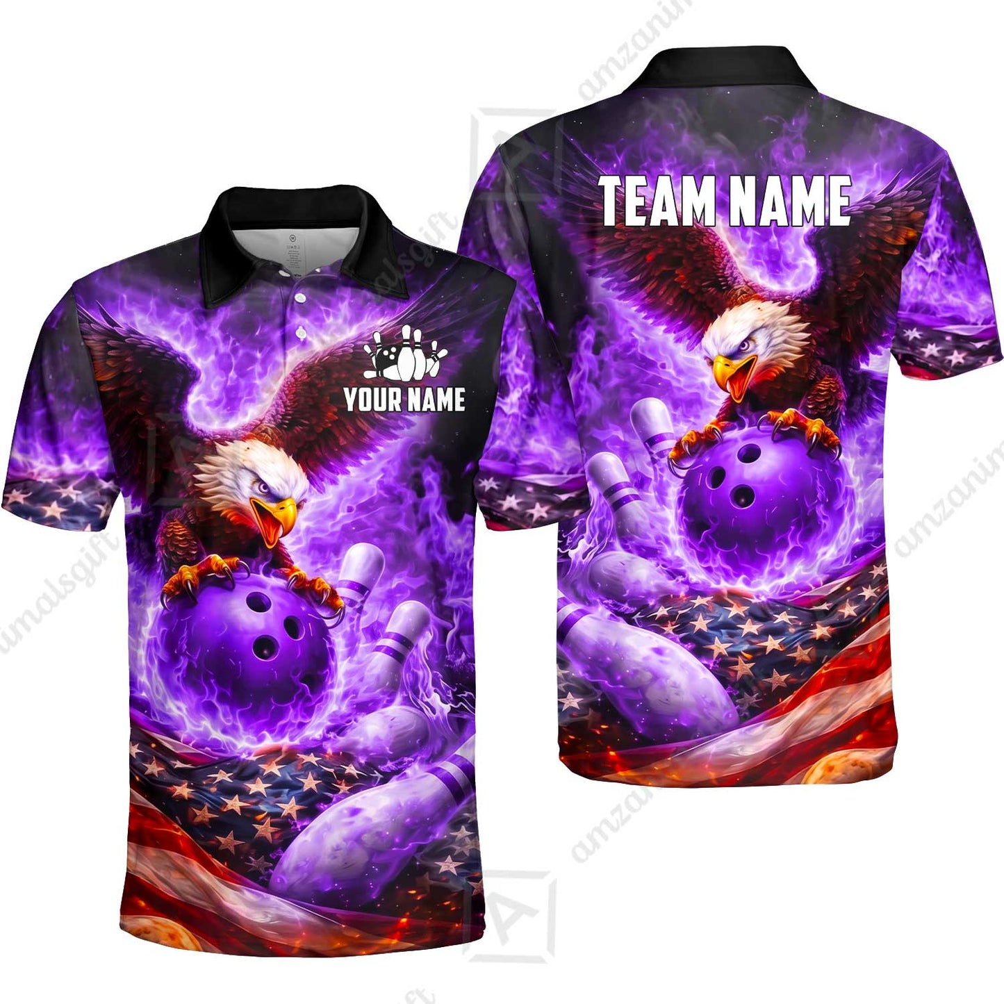 Custom Bowling Jersey Polo Shirt, Patriotic Blue Fire Eagle, Custom Bowling Jersey Team Shirt For Players With Name and Team Name
