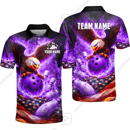 Custom Bowling Jersey Polo Shirt, Patriotic Blue Fire Eagle, Custom Bowling Jersey Team Shirt For Players With Name and Team Name
