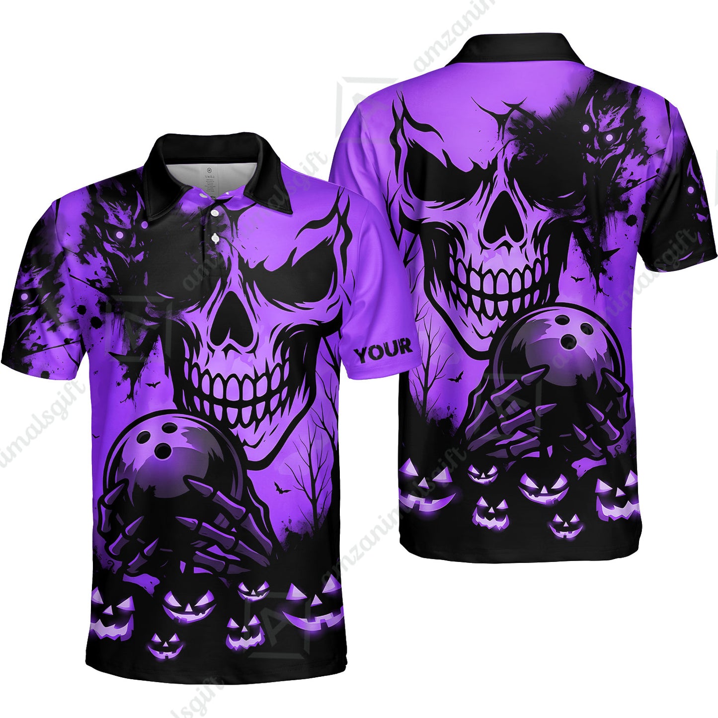 Custom Bowling Jersey Polo Shirt, Pumpkins Skull Halloween, Custom Bowling Jersey Team Shirt For Players With Name & Team Name
