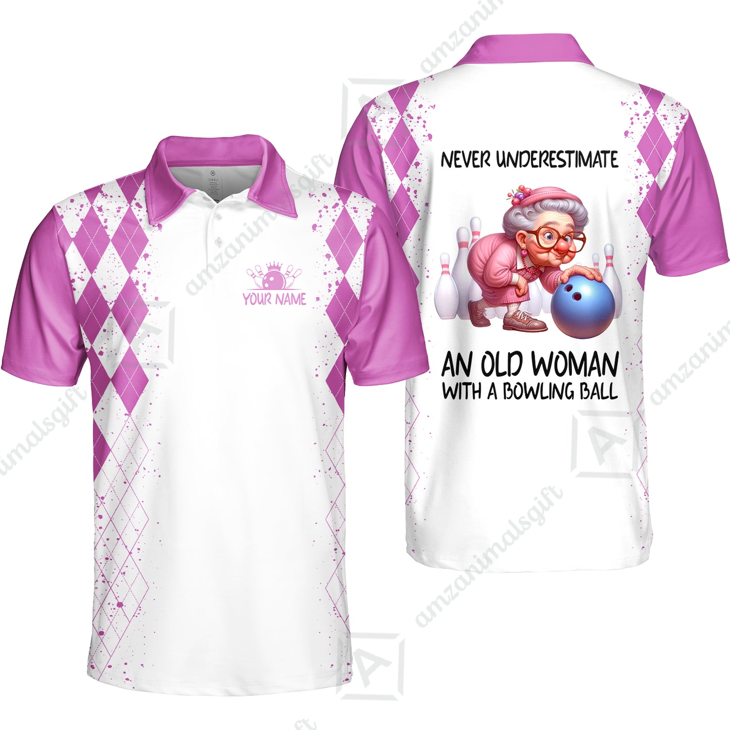 Custom Bowling Jersey Polo Shirt, Never Underestimate An Old Woman With A Bowling Ball, Personalized Name & Team Name