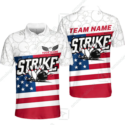 Custom Bowling Jersey Polo Shirt, Classic American Flag Block Strike, Custom Bowling Jersey Team Shirt For Players With Name and Team Name
