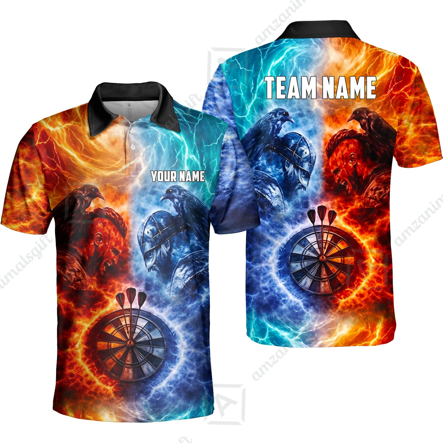 Custom Darts Team Jersey, Personalized Fire Ice Raven Darts Polo Shirt For Players With Name & Team Name