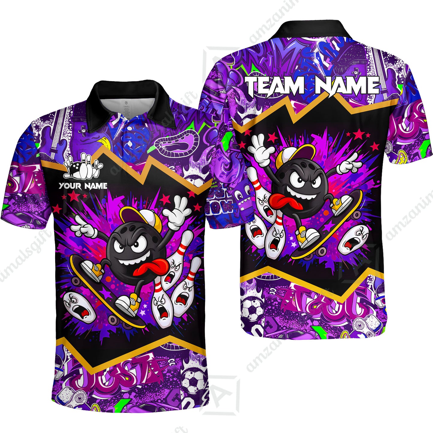Customized Bowling Unisex Polo Shirt, Skater Bowling Ball Attack, Bowling Uniform, Personalized Name And Team Name