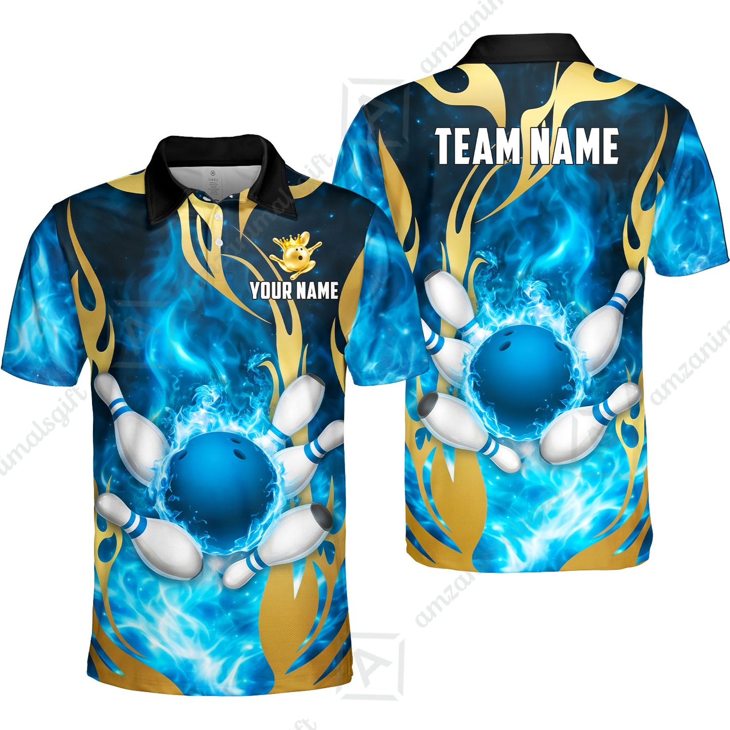 Custom Bowling Jersey Polo Shirt, Abyssal Fire & Golden Flames, Custom Bowling Jersey Team Shirt For Players With Name & Team Name