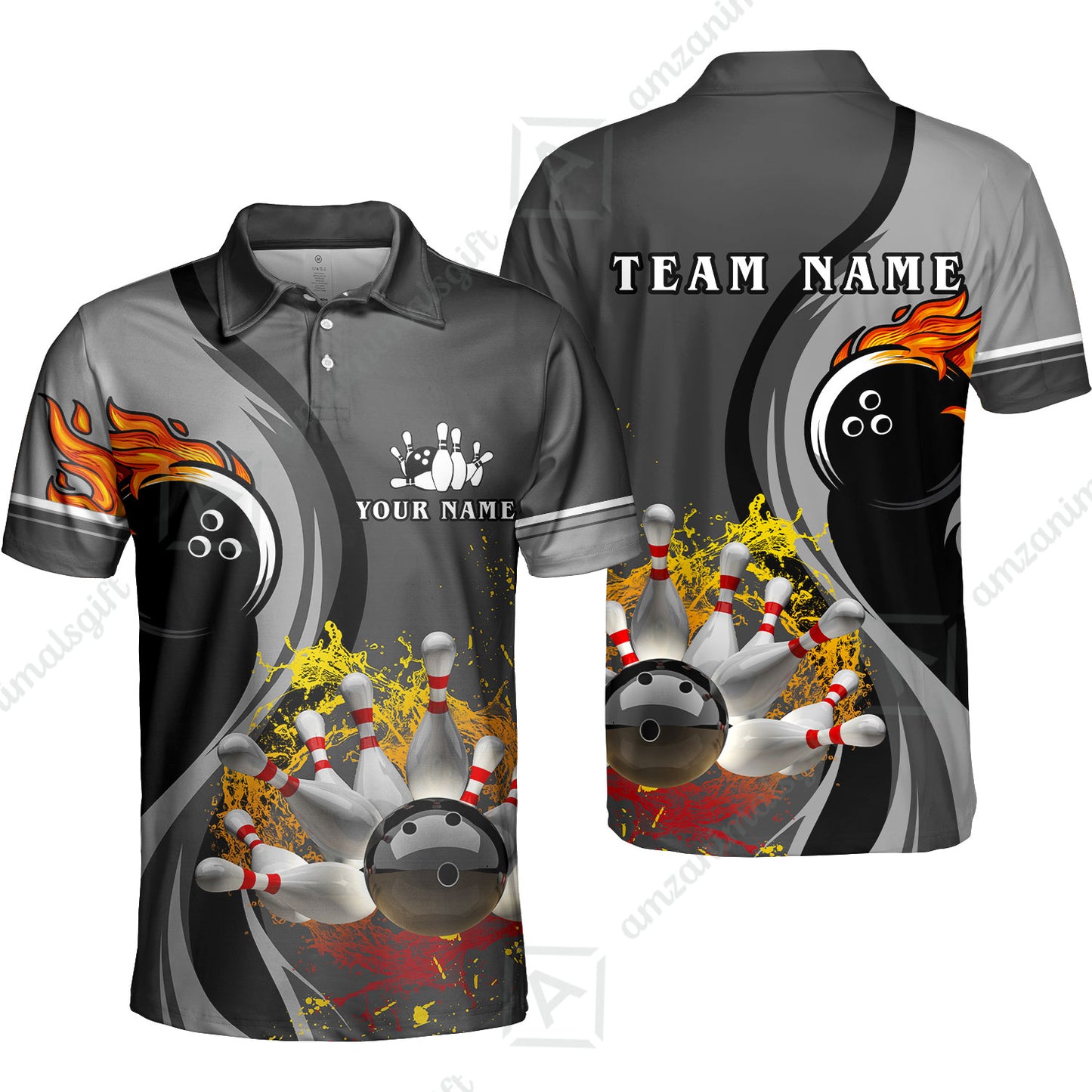 Customized Bowling Unisex Polo Shirt, Bowling And Pins Water Flow Multicolor Option Customized Name And Team Name For Bowling Team Polo Jerseys Shirts