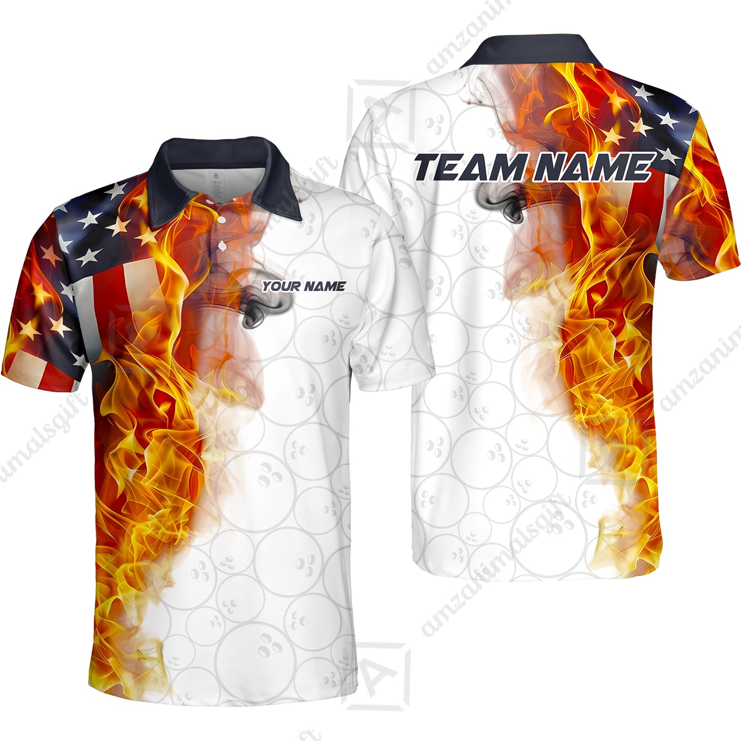Custom Bowling Jersey Polo Shirt, Flaming USA Flag Graphic Bowling, Custom Bowling Jersey Team Shirt For Players With Name & Team Name