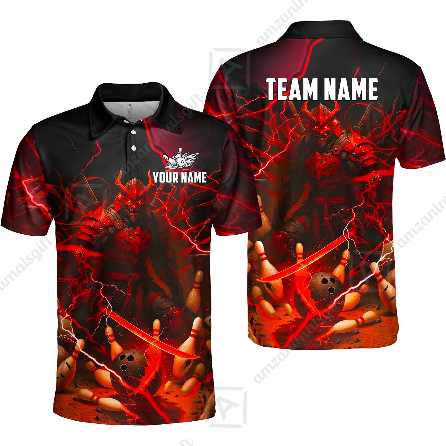 Custom Bowling Jersey Polo Shirt, Fiery Samurai Strike, Custom Bowling Jersey Team Shirt For Players With Name & Team Name