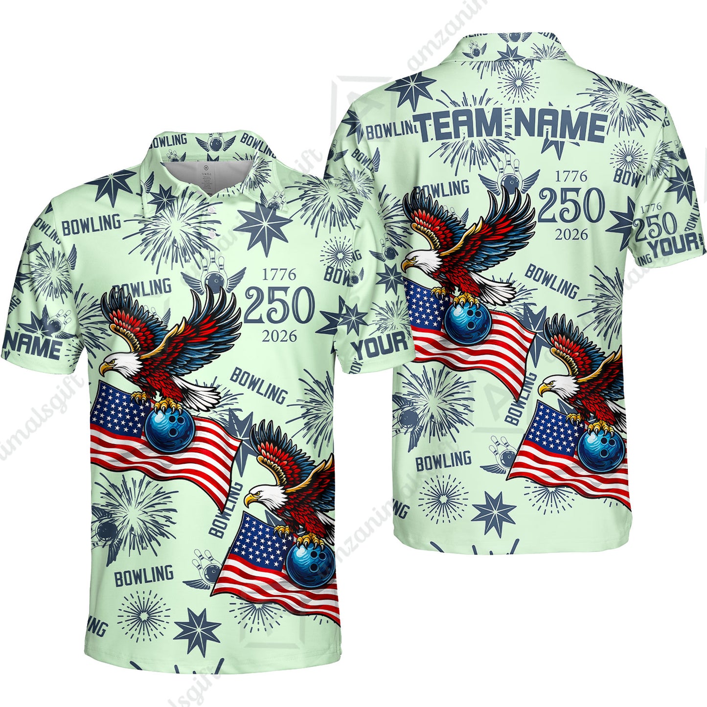 Custom Bowling Jersey Polo Shirt, USA 250 Years of Independence Bowling, Custom Bowling Jersey Team Shirt For Players With Name and Team Name