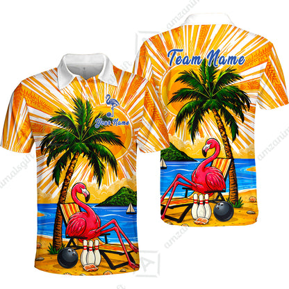 Custom Bowling Jersey Polo Shirt, Flamingo Aloha, Custom Bowling Jersey Team Shirt For Players With Name and Team Name